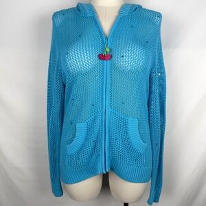 Y2K Quacker Factory Whimsical Cherry Crochet Knit Zip Hoodie Coastal Grandma L